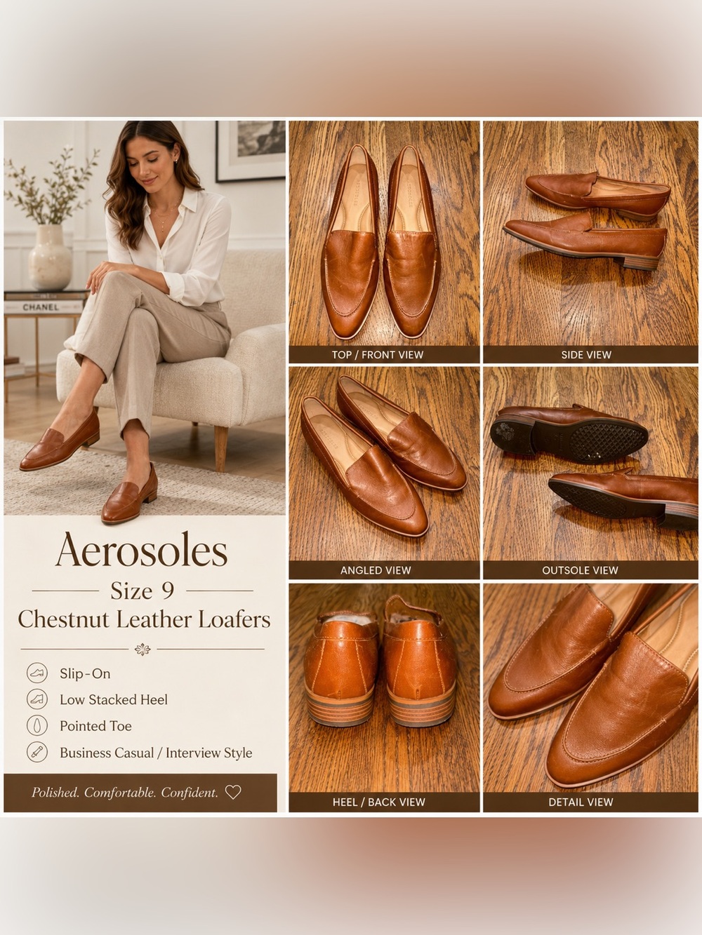 Aerosoles Chestnut Brown Leather Loafers Women’s Size 9 Pointed Toe